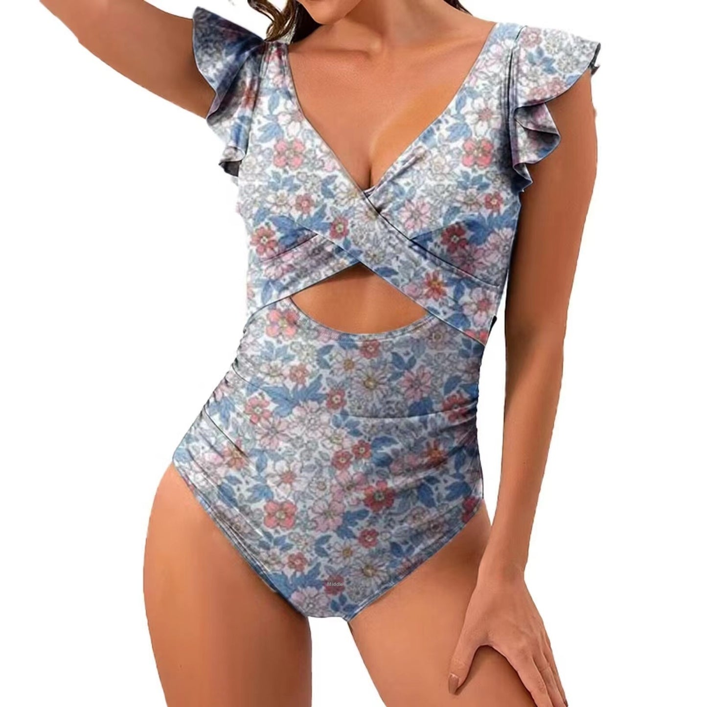 Color Contrast Patchwork Flounce Covered Belly Swimsuit