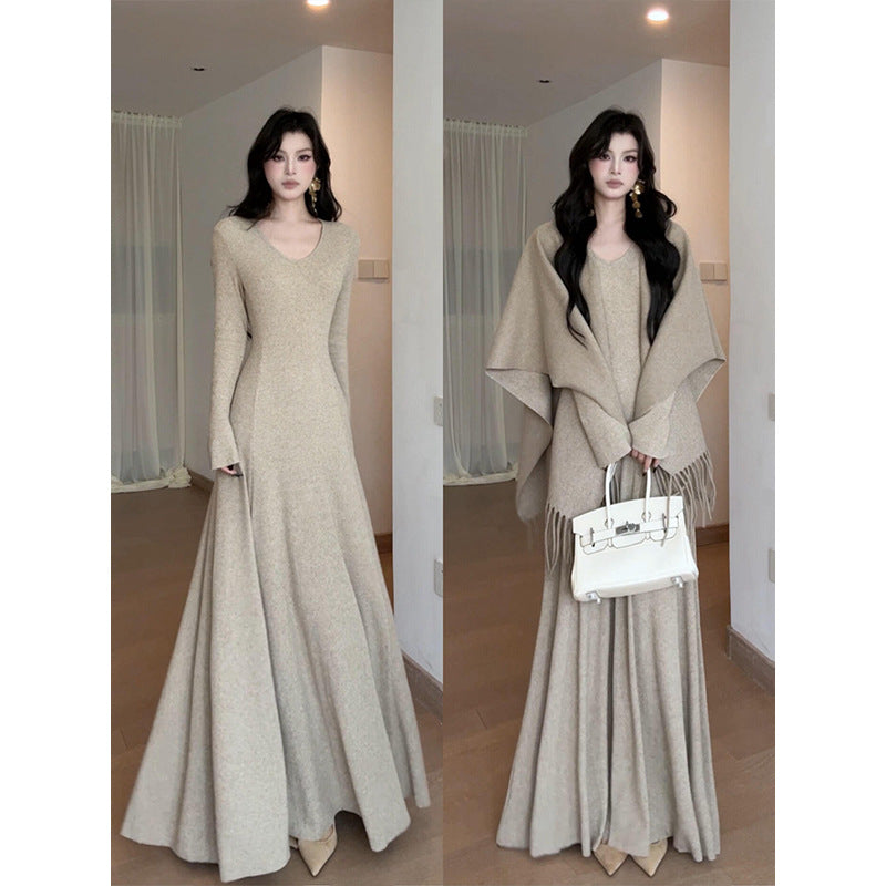 Temperament Knit Set Autumn V-neck Long Sleeve Dress Shawl Two-piece Women