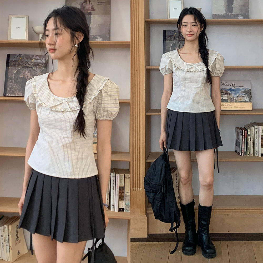 Retro Plaid Scoop Wooden Ear Short Top