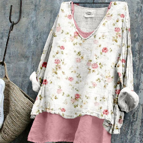 Vintage Cottagecore Floral Pattern Linen Blend Long-sleeve Top
