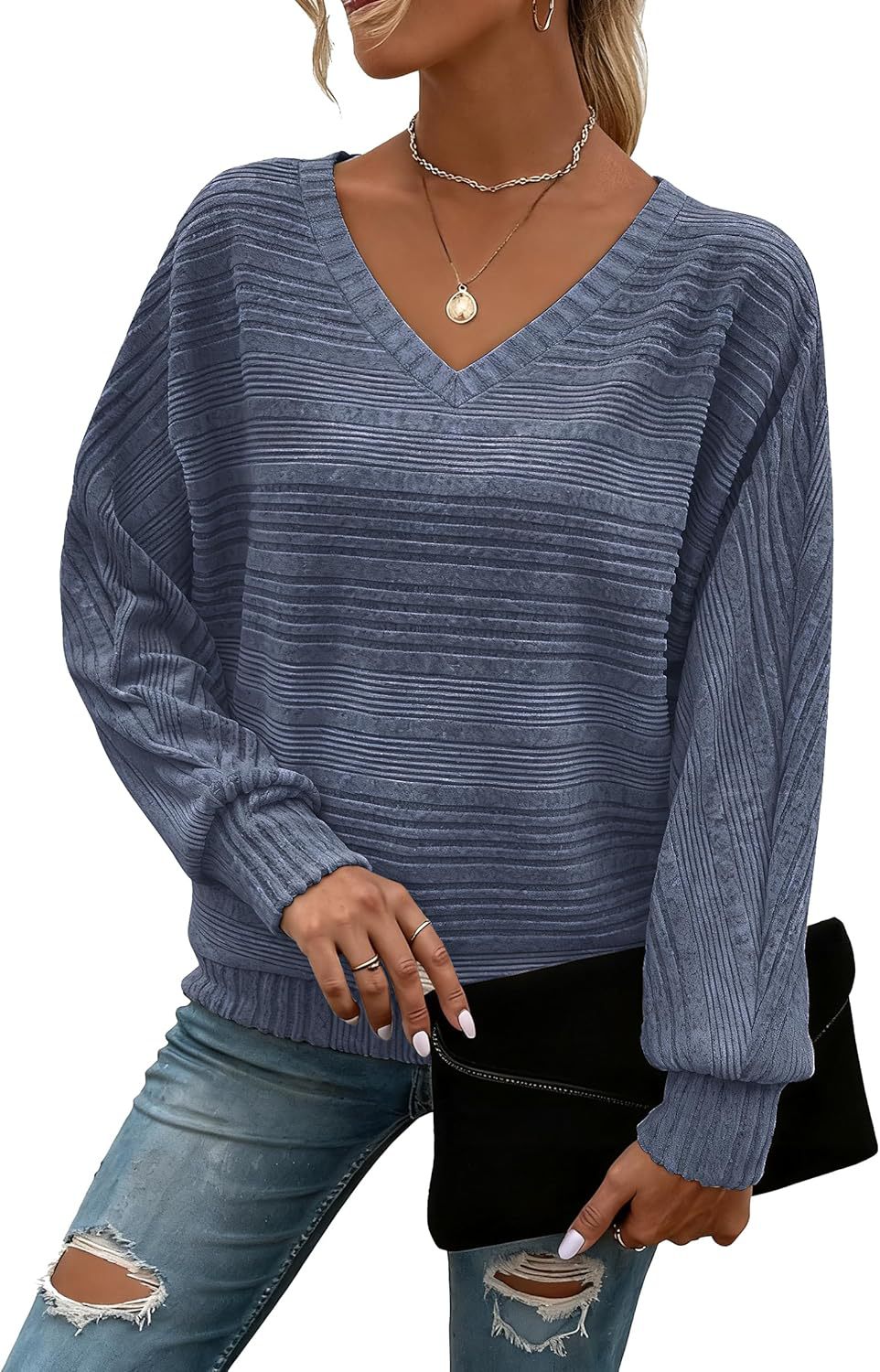 Women's Long-Sleeve Casual V-Neck Pullover Sweater