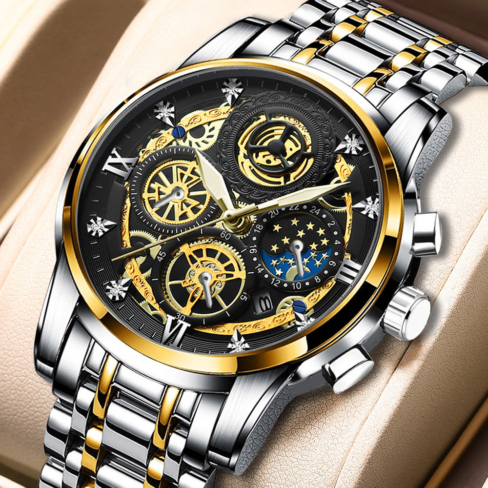 Men's Fashion Watch Hollow Flywheel Rhinestone Waterproof Sun Moon Stars