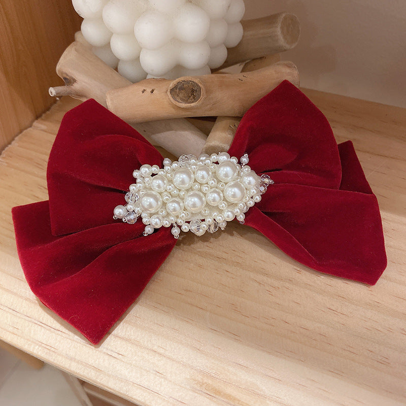 Red Bow Encrusted Tassel Hairpin Back Head Spring Top Clip
