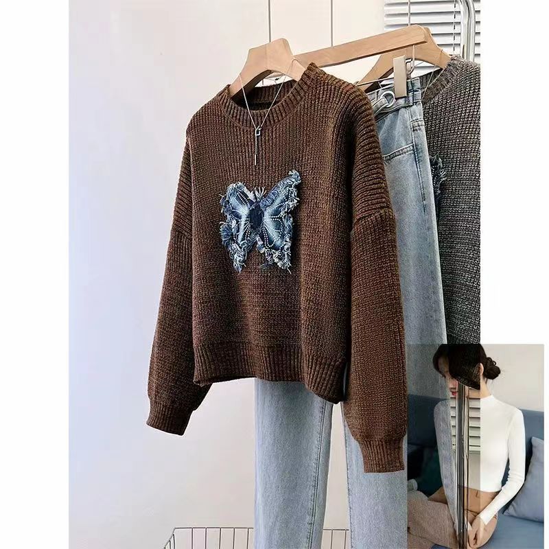 Tassel Denim Pattern Round Neck Sweater Top
