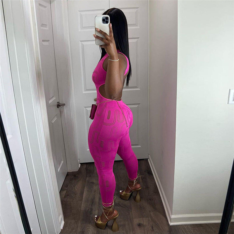 Summer New Women's Sleeveless Hollow Slim High Top Sports One-piece Trousers