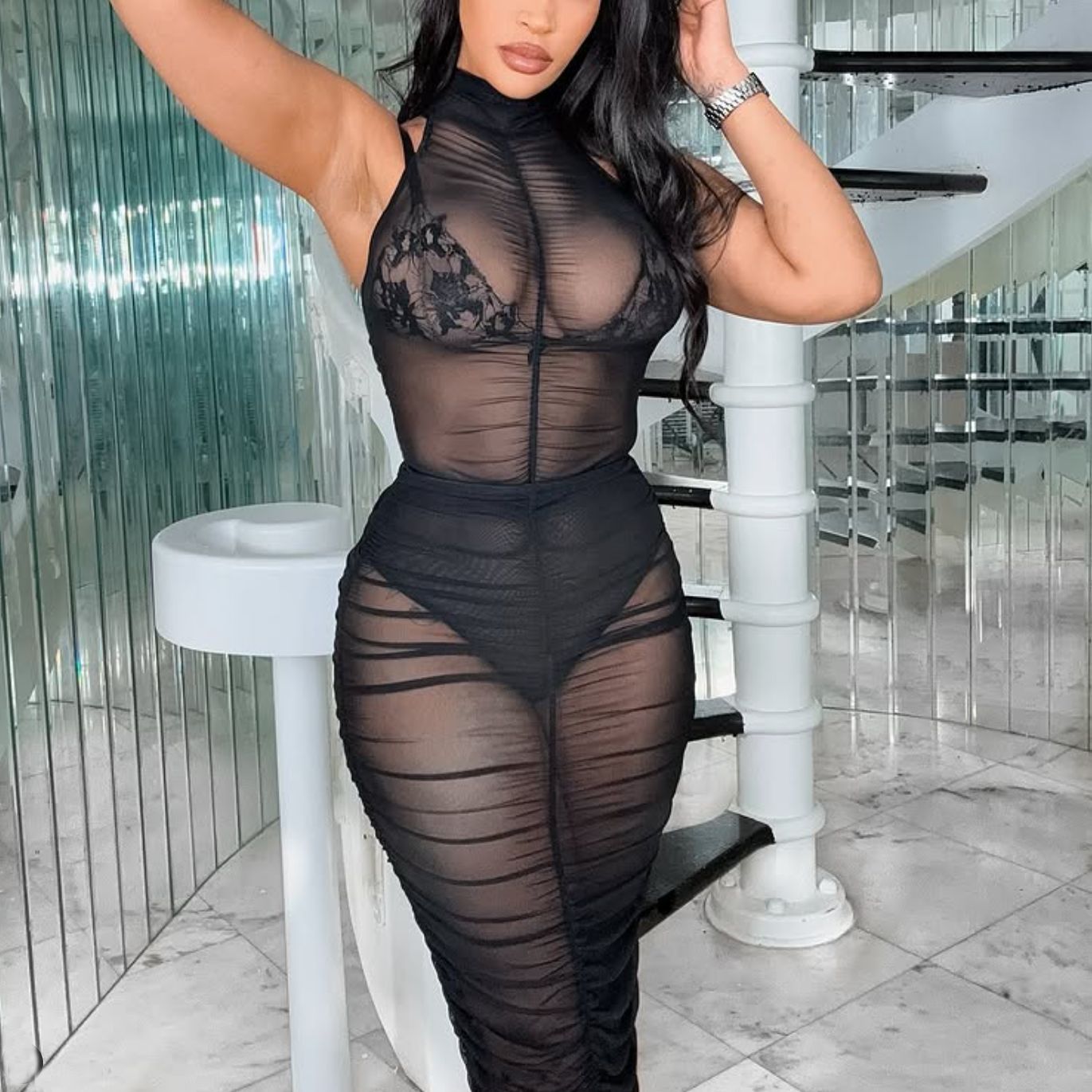 European And American Women's Clothing New Sexy Mesh See-through Sleeveless Leotard Pleated Skirt Two-piece Suit
