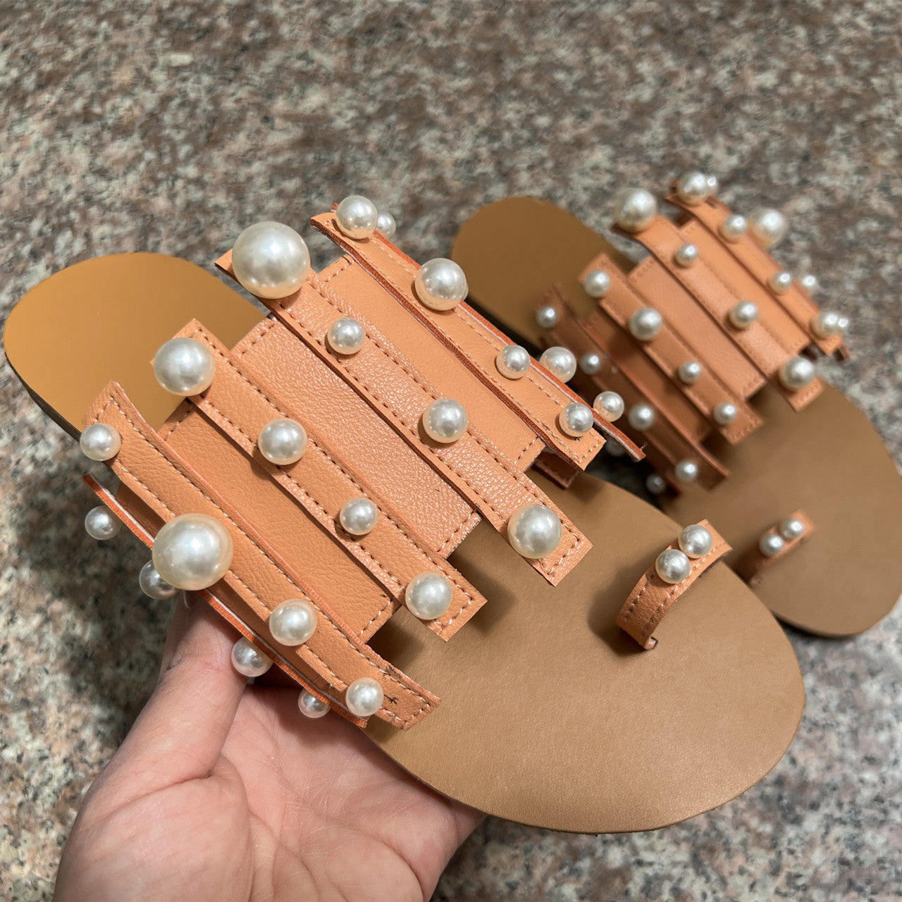 Ladies Flat Toe Pearl Beach Slippers