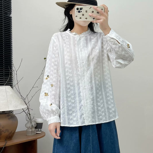 Japanese Style New Literary Solid Color Lace Long-sleeved Shirt