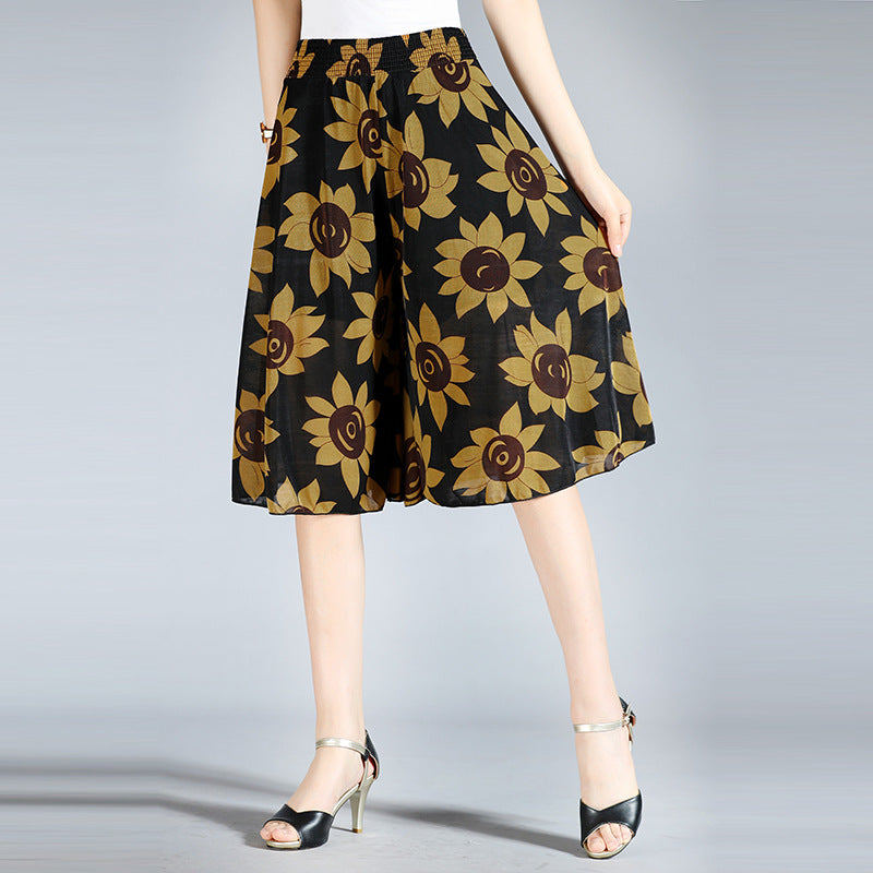 Summer Middle-aged And Elderly Women's Floral Elastic Waist Culottes