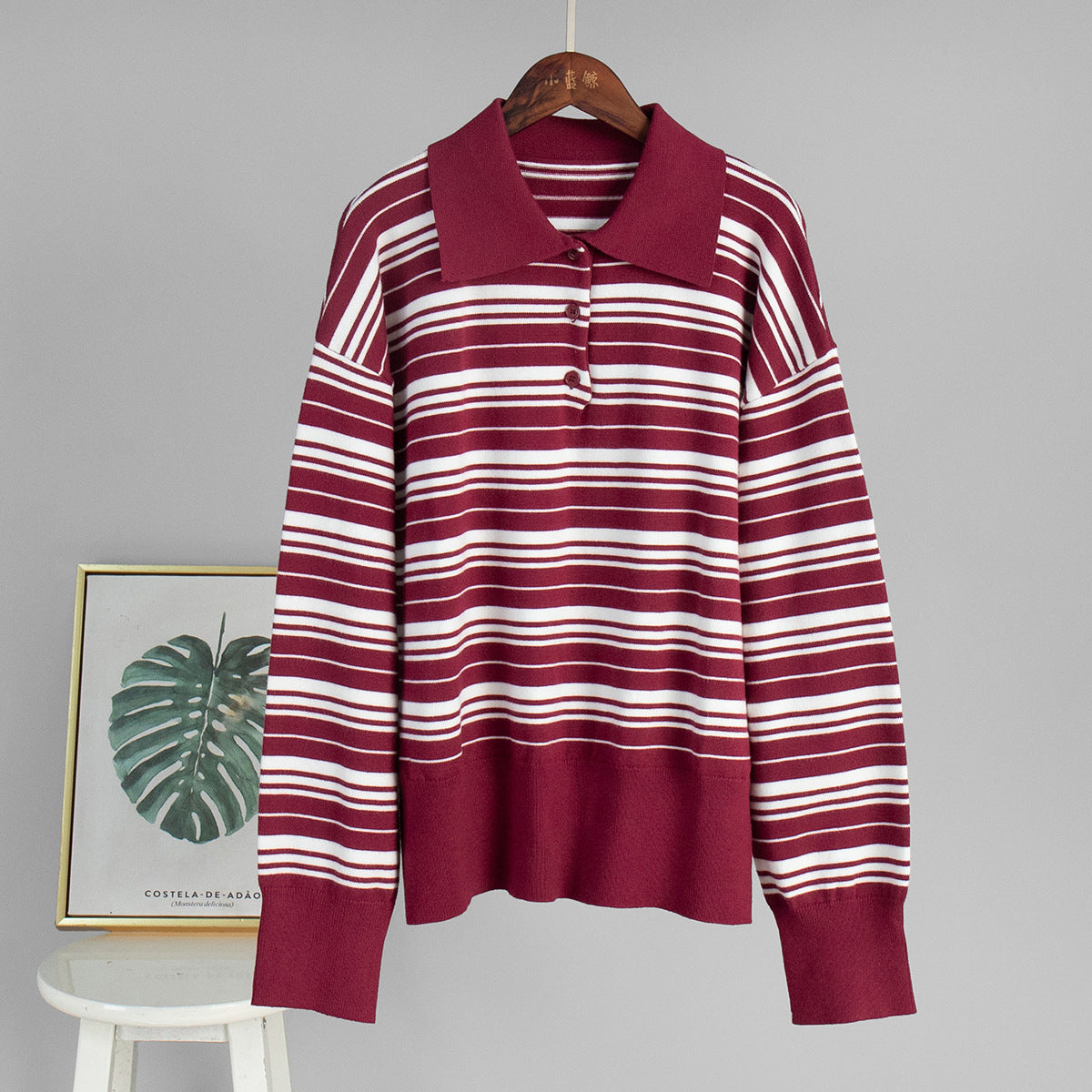 Striped Sweater Retro Contrast Color Striped Polo Collar Knitted T-shirt