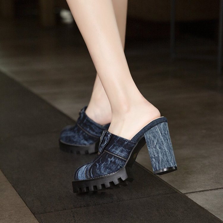 Denim Wash Toe Cap High Heel Slippers