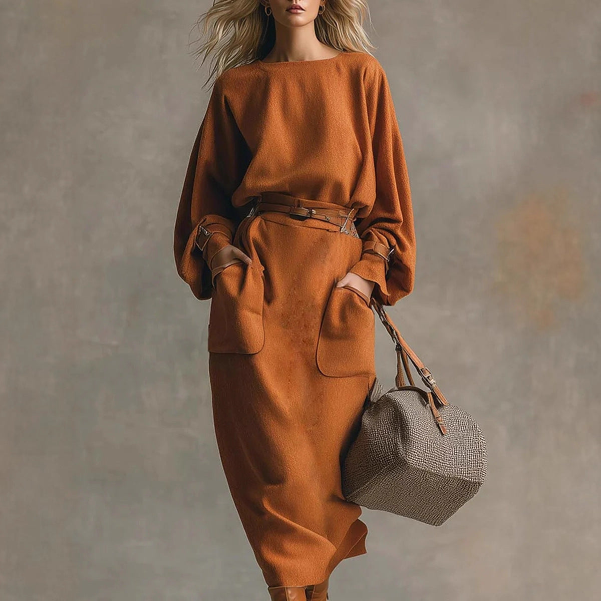Crew-neck Long-sleeve Top Pocketed Skirt
