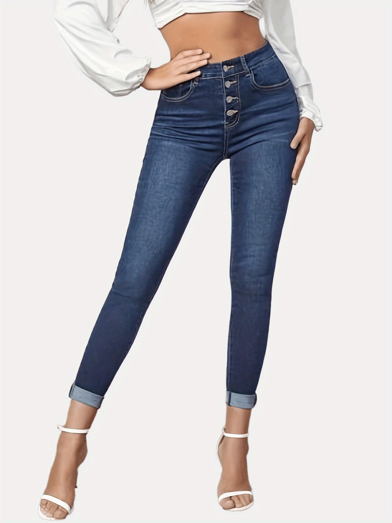 Contrast Color Slim Fit Stretch Rolled Hem Cropped Jeans