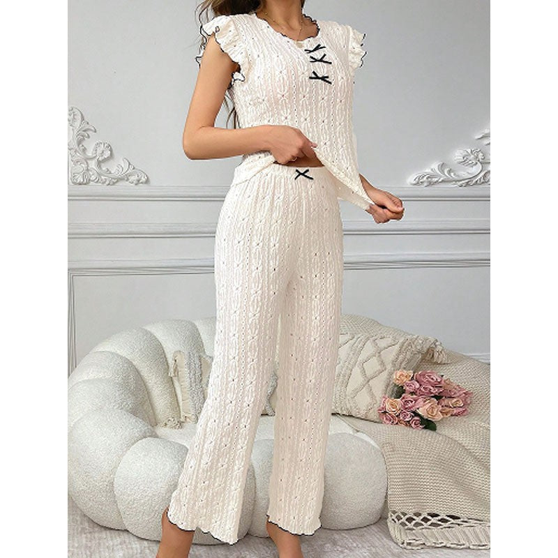 Womens Spring Summer Pajamas Luxe Lace-Trimmed Textured Floral Design Loungewear