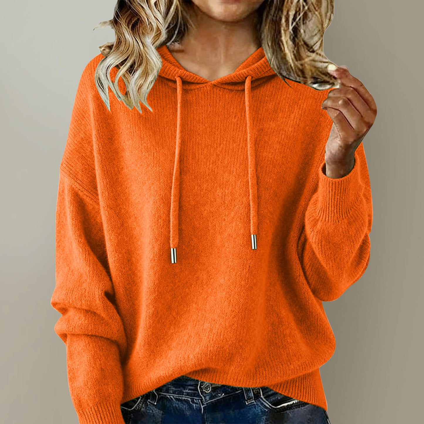 Womens Fashion Solid-color Loose Soft Hoodie With Drawstring