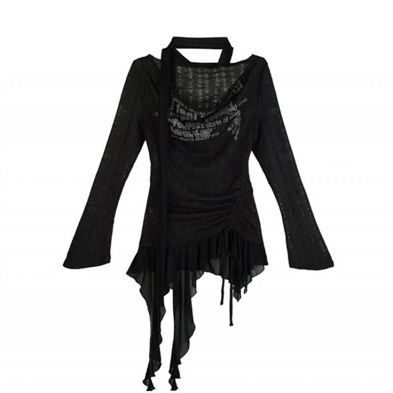 Patchwork Ruffled English Graffiti Swing Collar Hollow Print Knitted Shirt Top For Women
