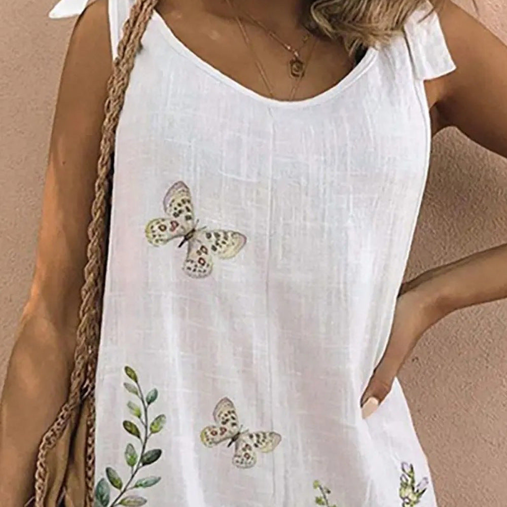 Women's Printed Crew Neck Sleeveless Casual Jumpsuit Shorts