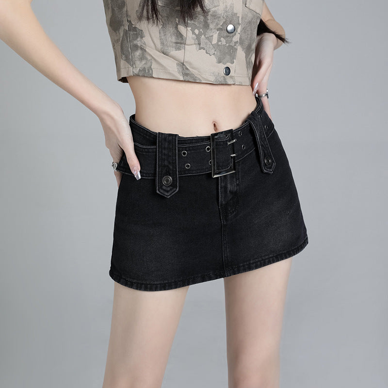 line Figure-flattering Vintage-style Lined Blue Denim Skirt For Women