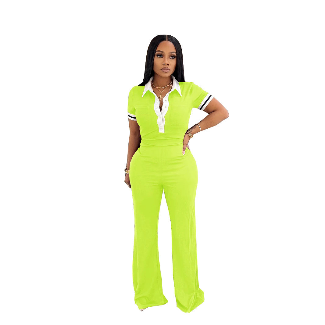 Polo Collar Top High-waisted Wide-leg Pants Color-blocking Casual Two-piece Set