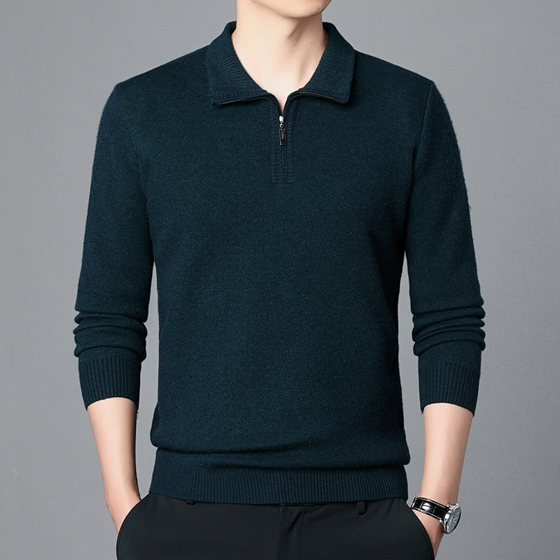 T-shirt Trendy High-end Men's Lapel Pullover Long Sleeve Knitted Sweater 100 Wool