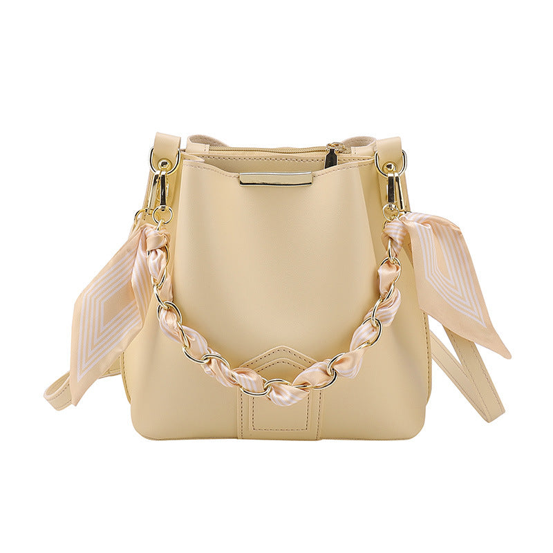 Leather Bucket Tote Bag with Chain Sling Handle