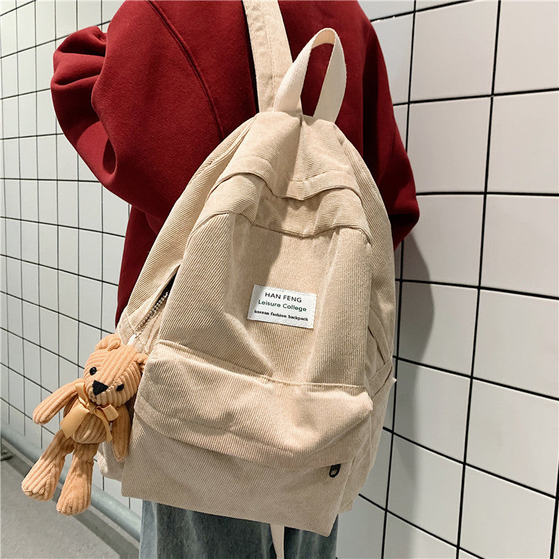 Versatile Simple Corduroy Backpack With Double Shoulders And Large Capacity