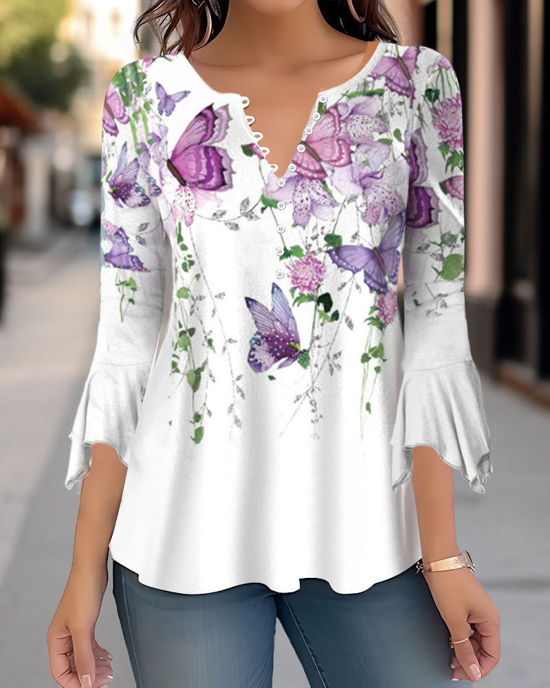 Bluse til kvinder med blomstret print, 3/4 ærmer, V-hals og knapper