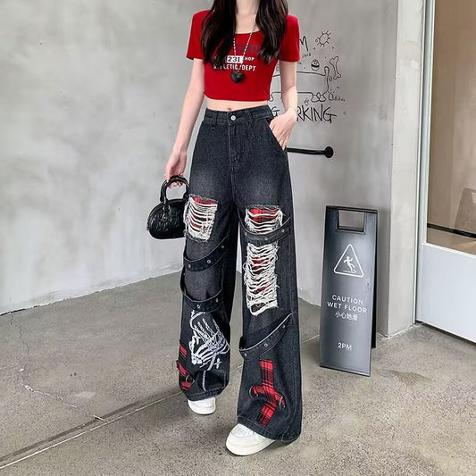 Vintage vaskede slidte ripped jeans til kvinder