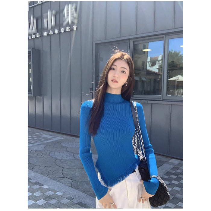 Women's Solid Color Semi High Neck Tassel Knit Base Sweater