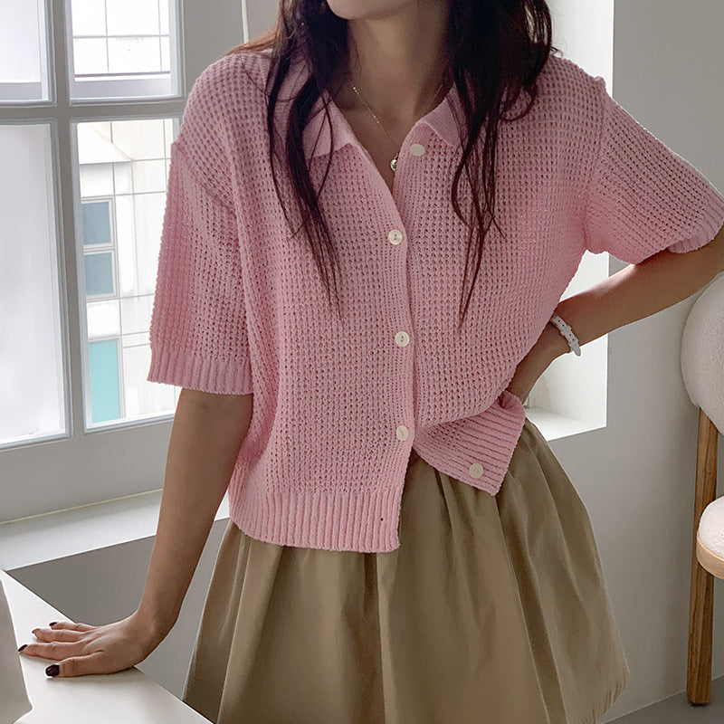Draping Lapel Cardigan Sweater Solid Color Sweater With Short Sleeves