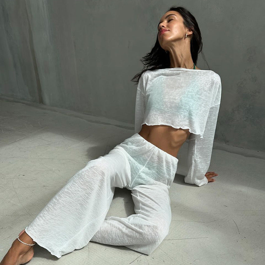 Women's Knitted Crew-Neck Pajama Set With Long Sleeves And Long Pants Two Pieces