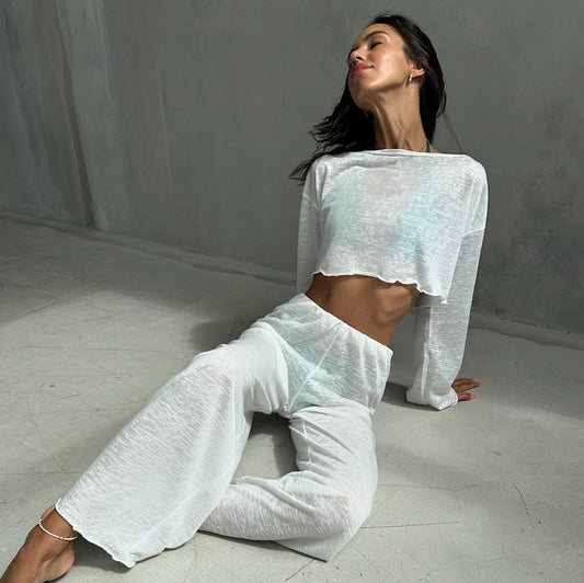 Women's Knitted Crew-Neck Pajama Set With Long Sleeves And Long Pants Two Pieces