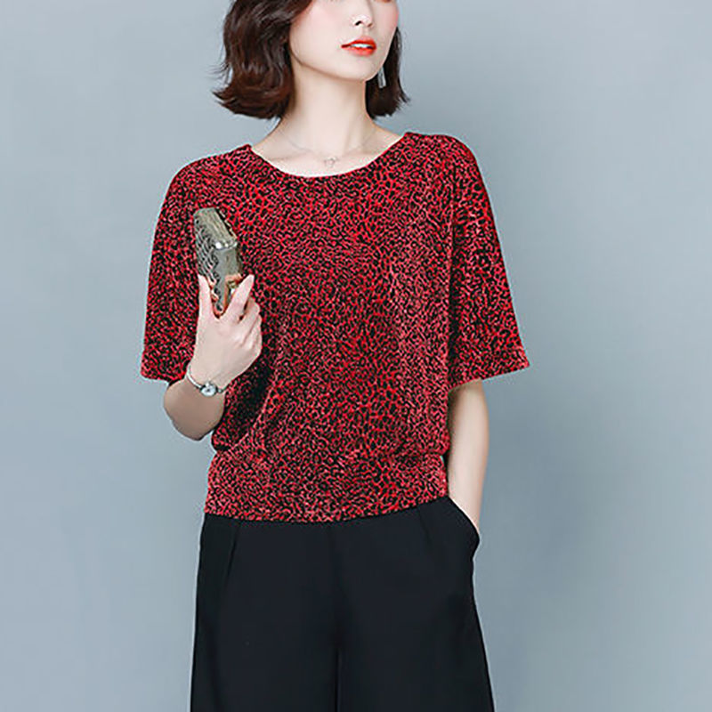 Plus Size Loose-fitting Belly-covering Bright Silk Bottoming Leopard Print Shirt