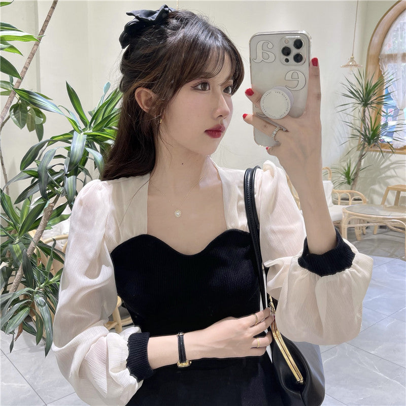 New French Long Sleeve Square Neck Thin Retro Shirt