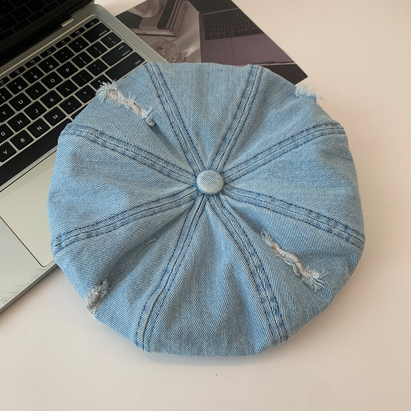 Korean Retro Make Old Ripped Denim Beret