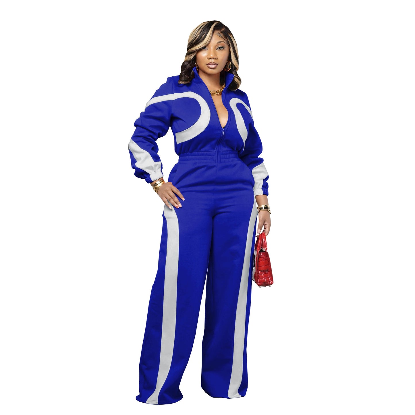 Women's Fashion Sport Color Block Long Sleeve Jumpsuit