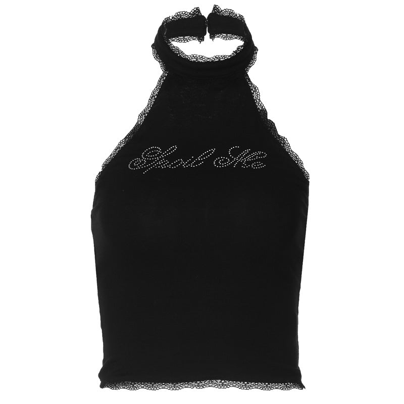 Lace Lace Vest Sling Rhinestone Letter Spring Slim-fitting Women's Sexy Midriff-baring Top