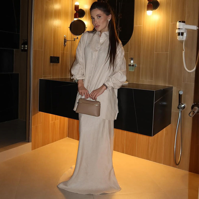 Fashionable Lapel Collar Loose-Fit Long-Sleeve Shirt And High-Waist Skirt Set