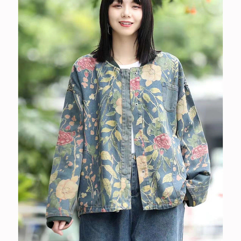 Women's Ethnic Literary Retro Print Denim Jacket