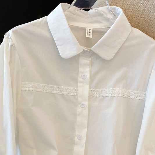 Spring Sweet Refined Handmade Lace Stitching Shirt For Women Bandage Dress All-matching