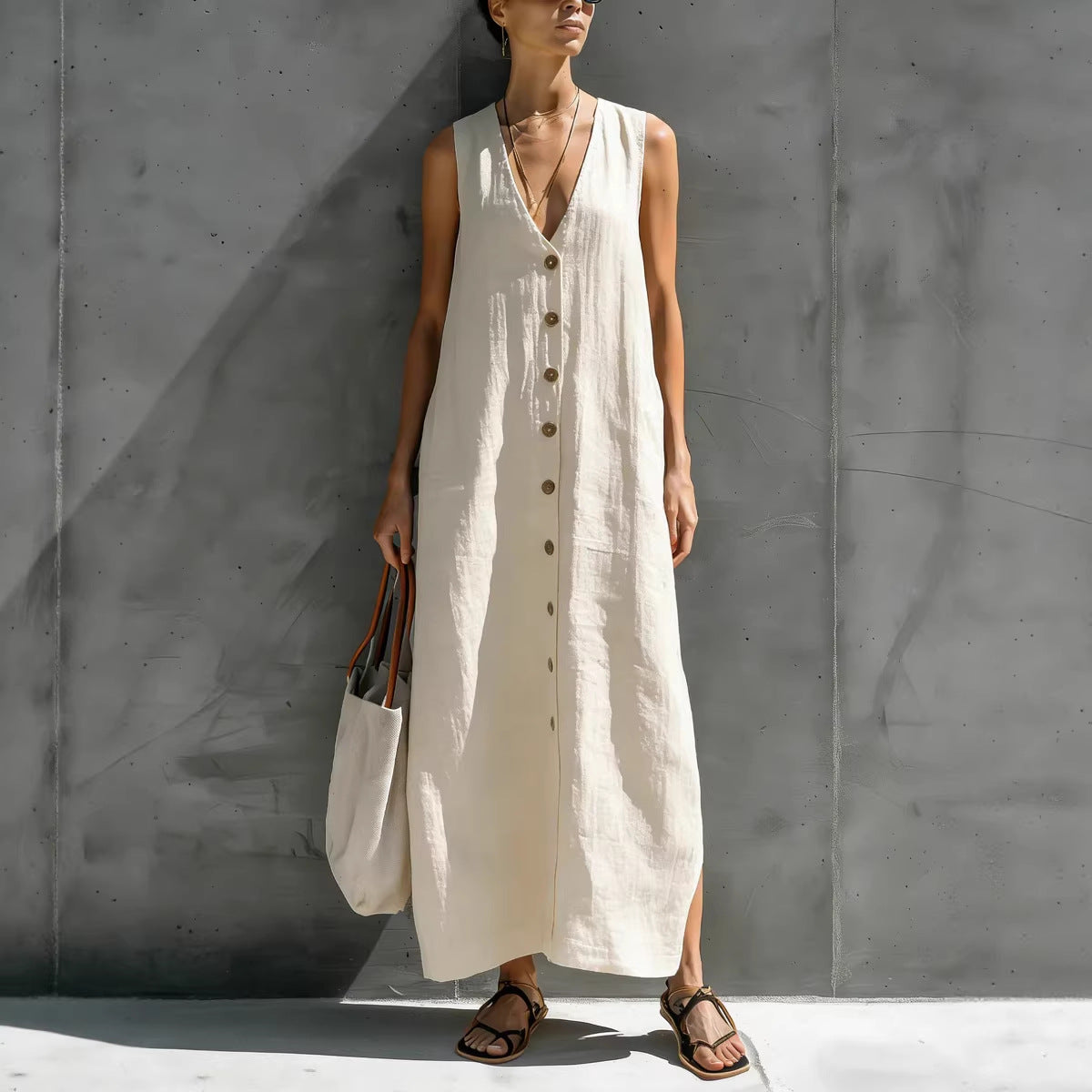 Womens Simple Cotton-Linen V-Neck Buttoned Sleeveless Loose Long Dress