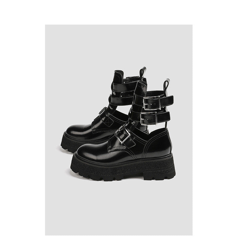 New Leather And Black Muffin Platform Hollow Boots