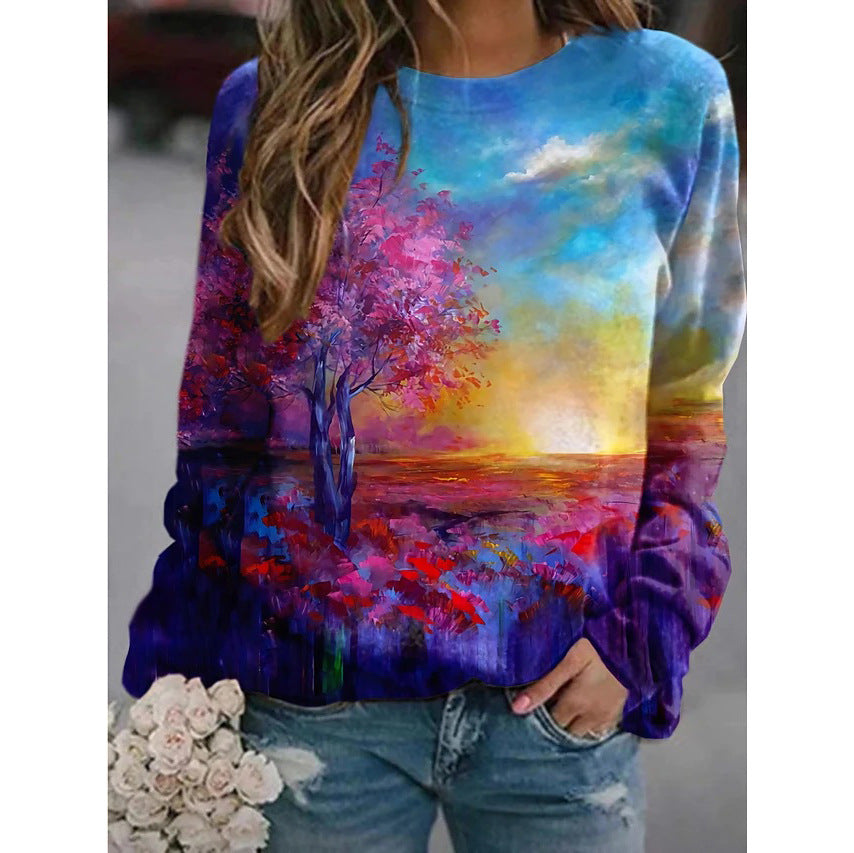 Landscape Flower Floral Print Long Sleeve Pullover