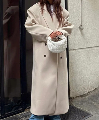 Long Wool Coat With A Business Suit-style Collar For Commuting