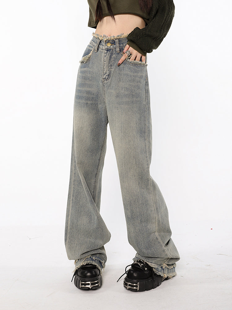 American High Waist Straight Wash Made Old Jeans Women