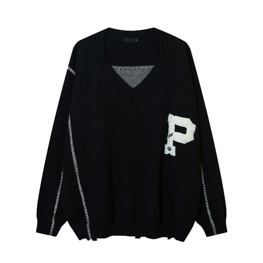 Small High Street Broken V-Neck Black Sweater Male