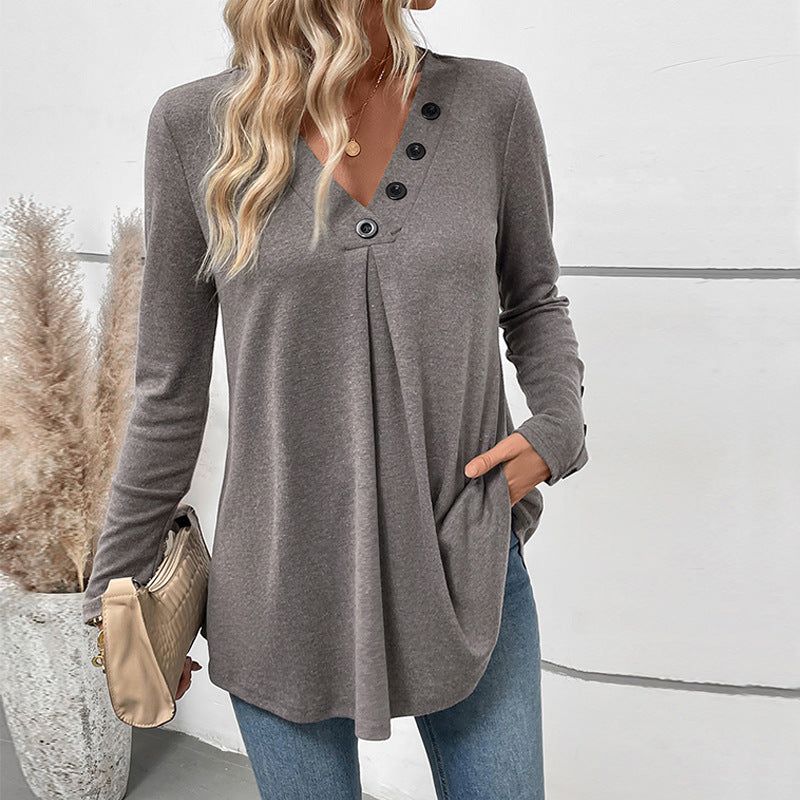 Casual Mid-length V-neck Solid Color Long-sleeve Women's Top