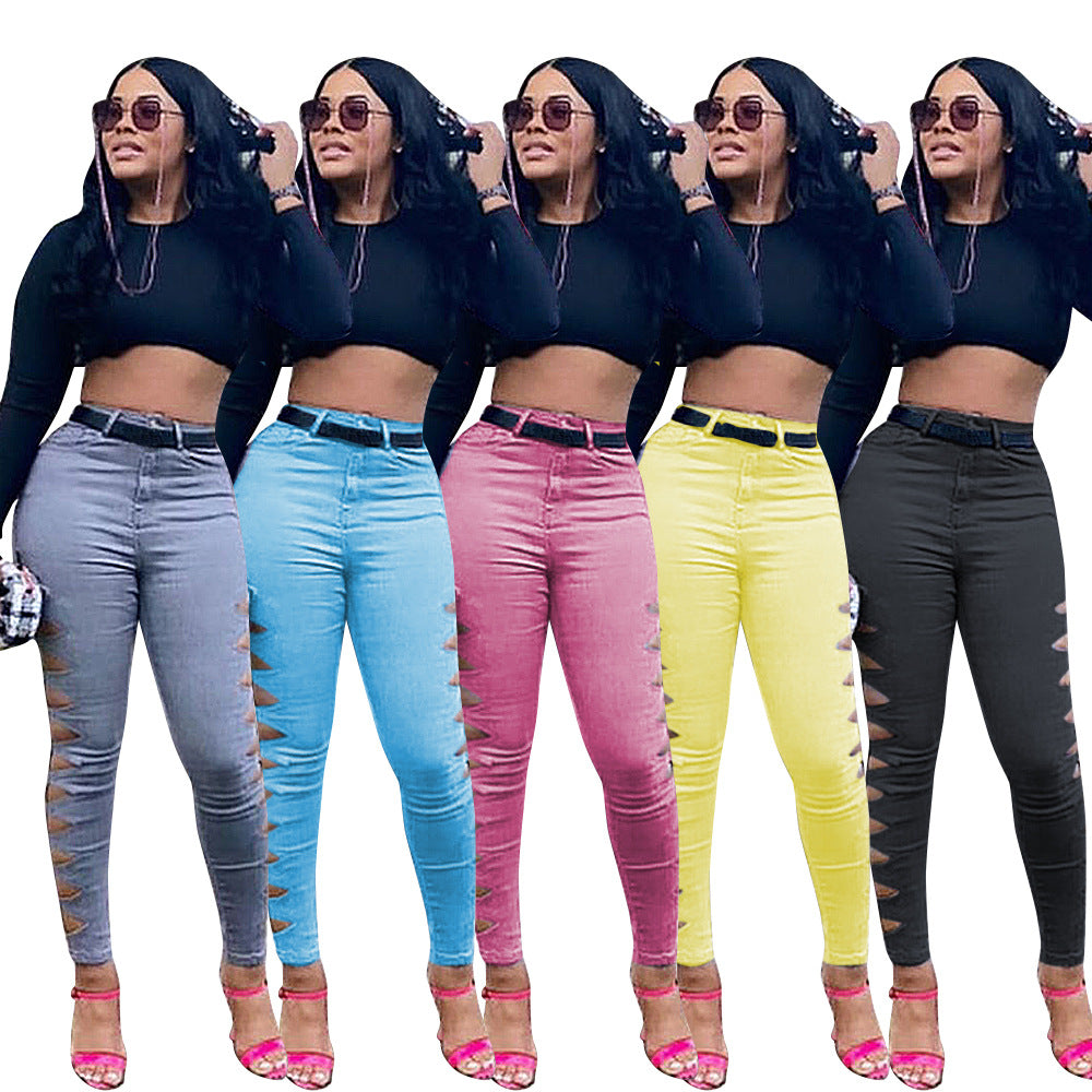 Fashion Casual Solid Color Ripped Jeans