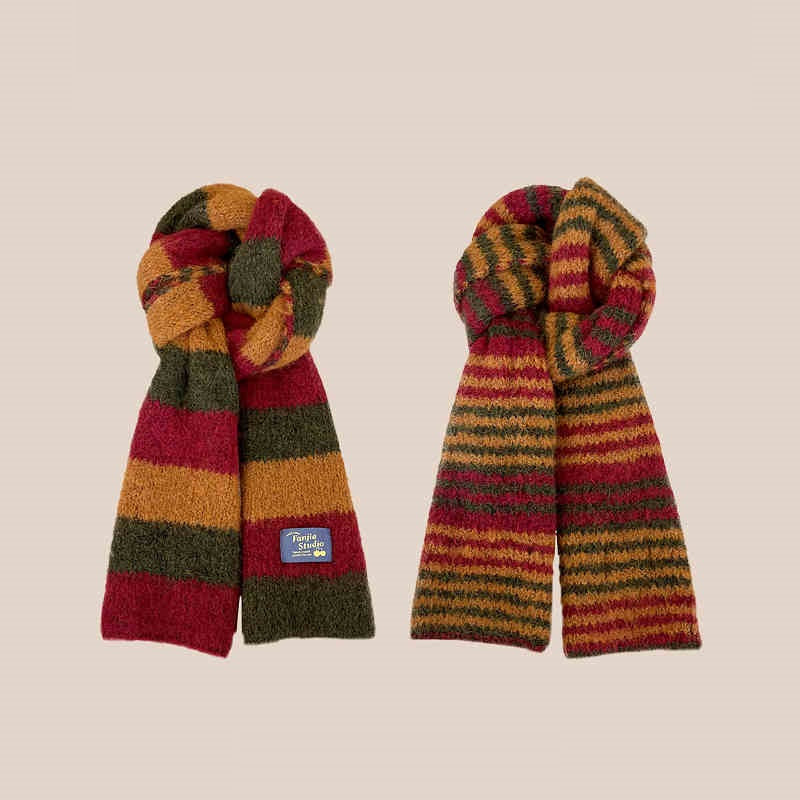 Versatile Soft Yarn Dopamine Contrasting Striped Double-sided Scarf For Women