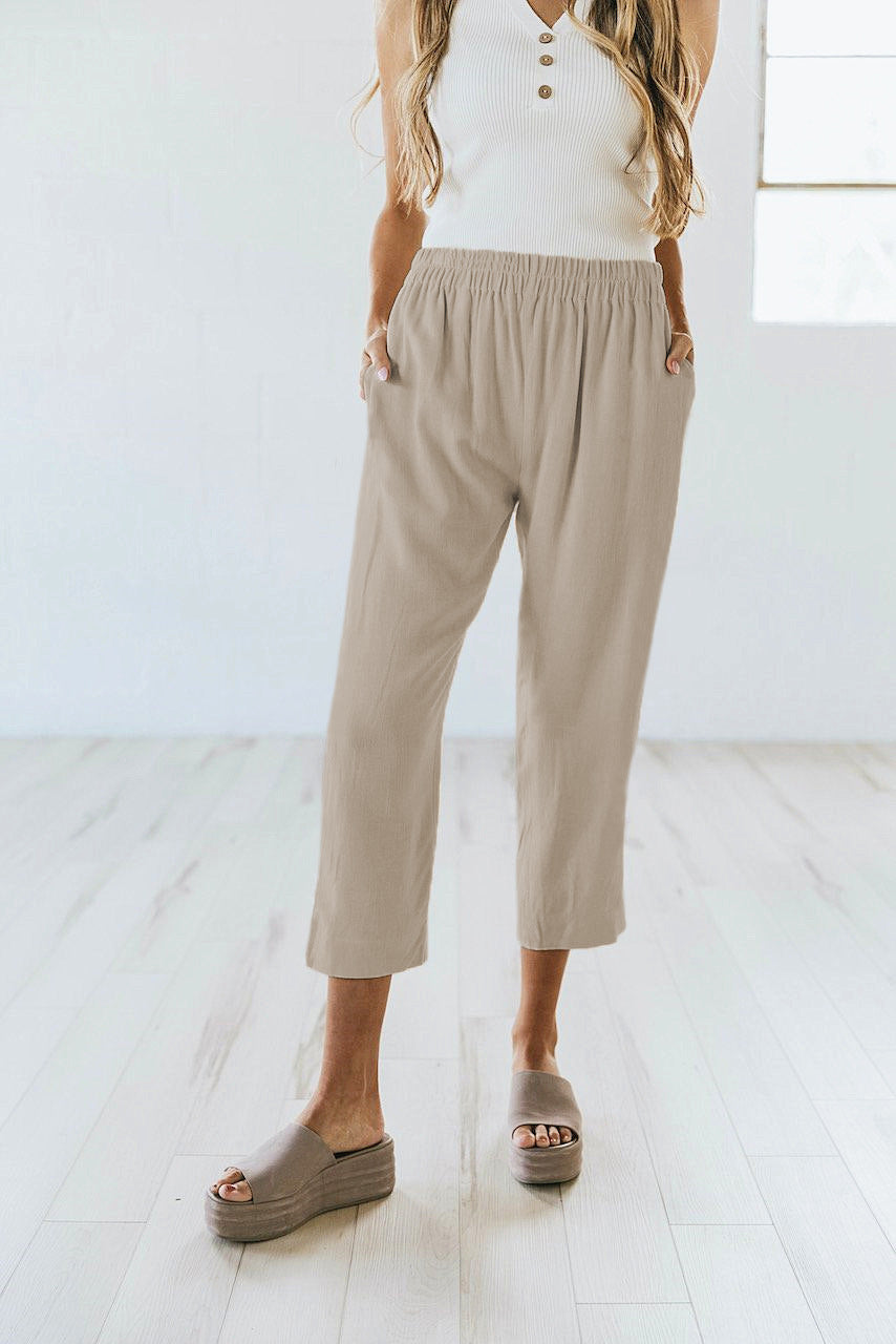 Solid Color Casual Elasticated High-waist Cropped Trousers